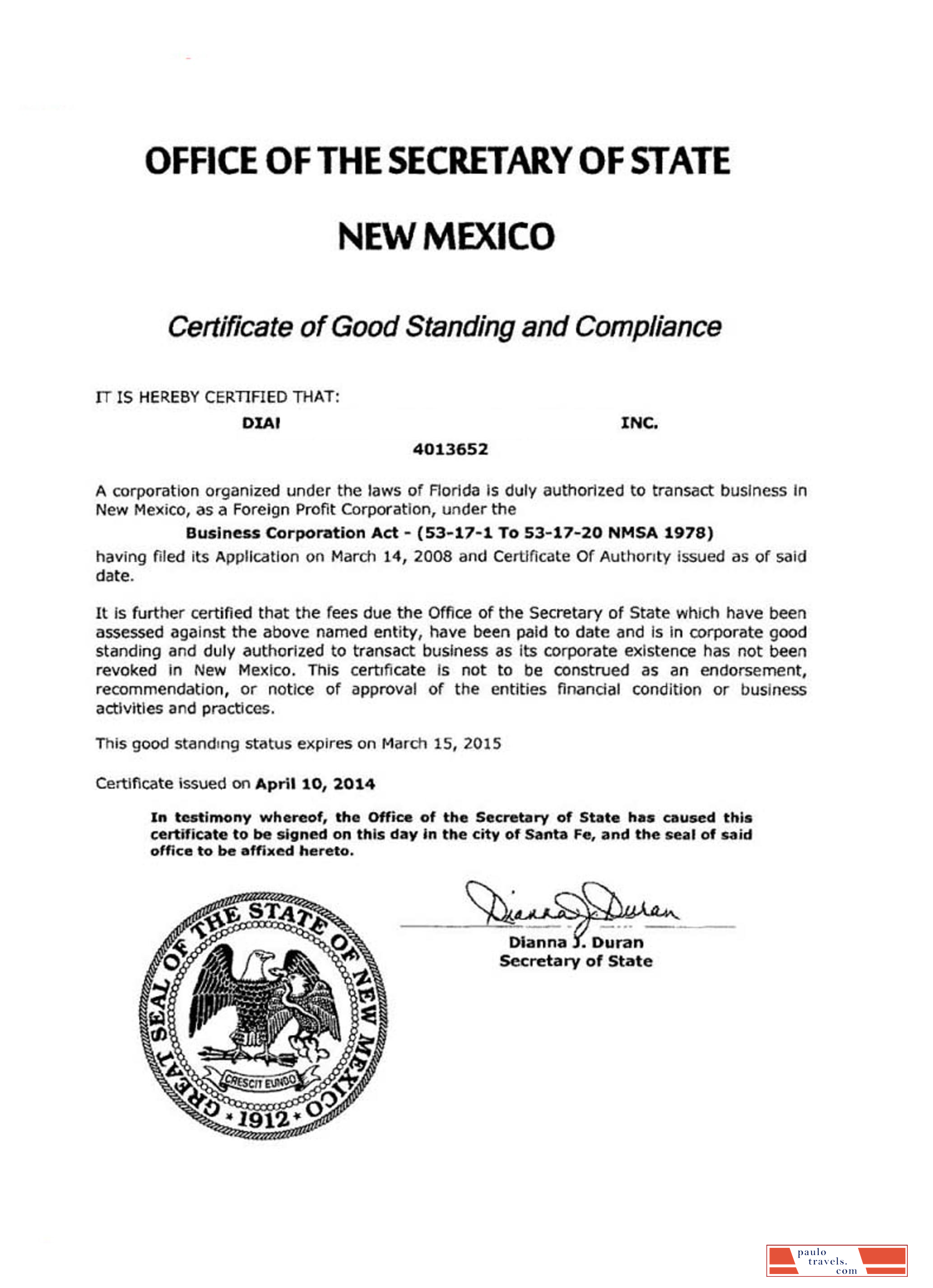 USA New Mexico certificate of good standing